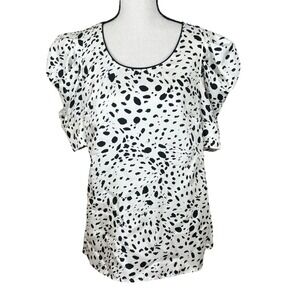 Ann Taylor Womens Black White Spot Print Short Sleeve Top Blouse Size 8 Side Zip